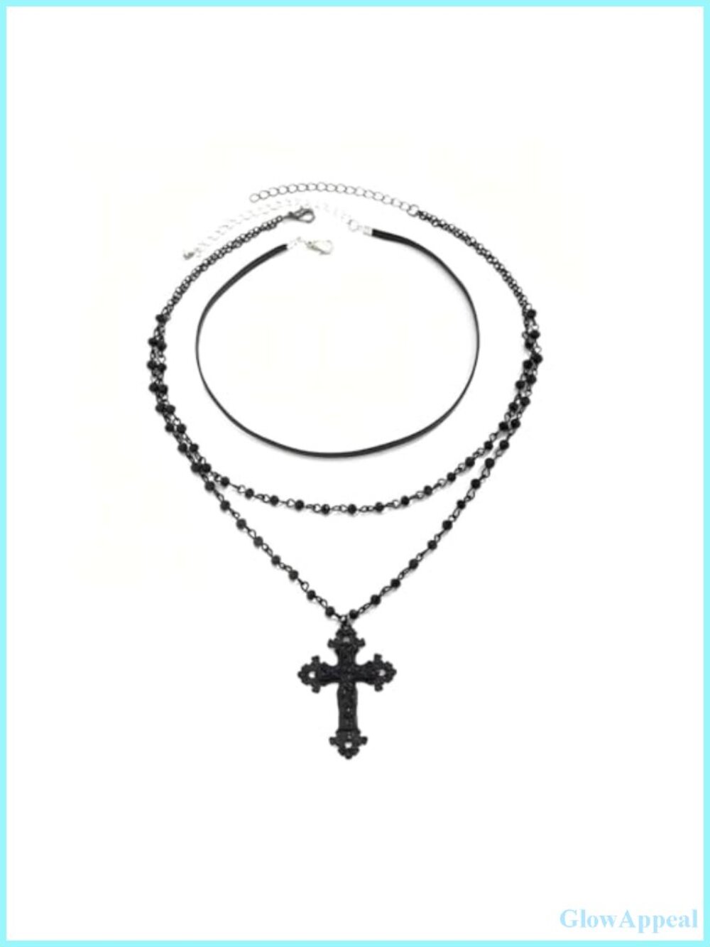 Gothic Layered Cross Choker Necklace Black Beaded Pendant for Women